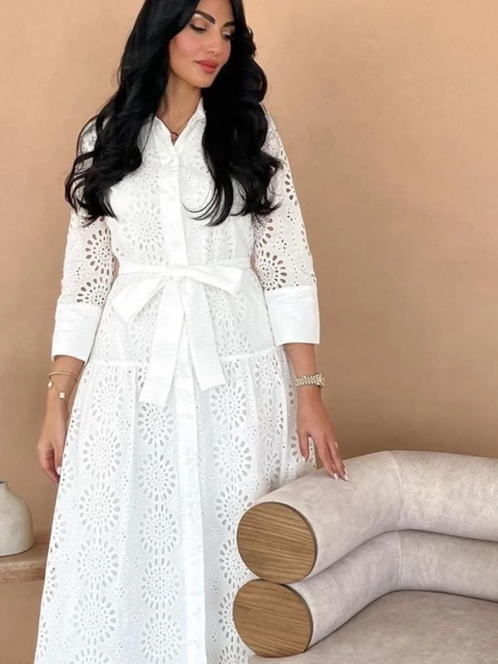 Zara Viral White Cotton Eyelet Embroidered Drop Waist Midi Shirt Dress - XS - Picture 5 of 10